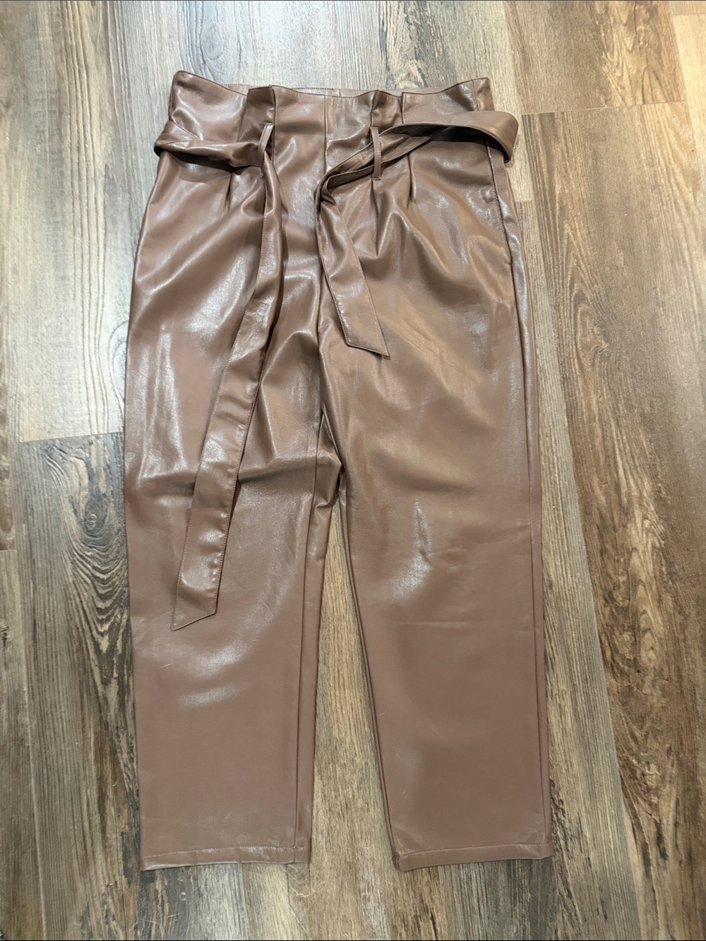 The Reset Faux Leather Paperbag Trousers - Chestnut Brown